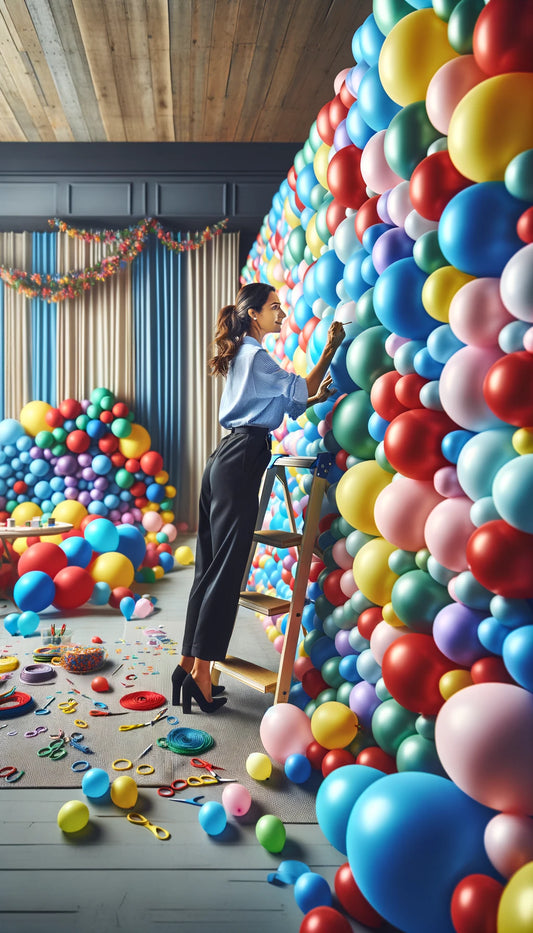 An event planner arranging a colorful balloon wall using latex balloons.