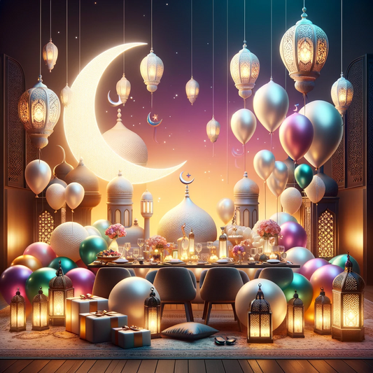 Artistic Ramadan scene with latex balloons integrated into decor, featuring a moon, traditional lanterns, and a sunset-to-darkness gradient background, symbolizing the essence of Ramadan.