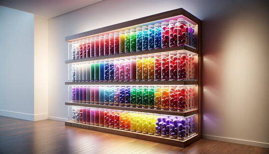 Side view of a wooden shelf with colorful latex balloons organized in clear containers by color, including red, blue, green, yellow, and purple, in a well-lit room against a white wall.