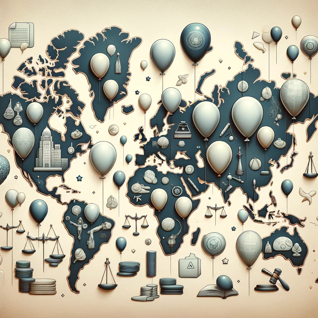 Global map with legal symbols and balloons depicting the worldwide impact of balloon law enforcement.