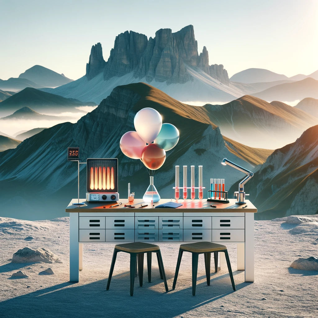 Desk with balloon science experiment on a mountain top, demonstrating heat and temperature concepts in a natural setting.