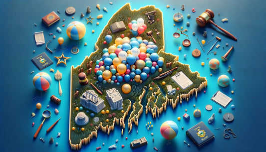 High-resolution illustrative map of Maine with a cluster of balloons in the center, surrounded by a gavel and legal icons, symbolizing Maine's balloon laws and environmental focus.