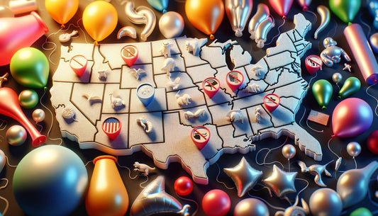 This image incorporates a detailed map of the United States with symbols indicating the different states' regulations on balloon releases, surrounded by various types of balloons, emphasizing environmental protection and wildlife conservation