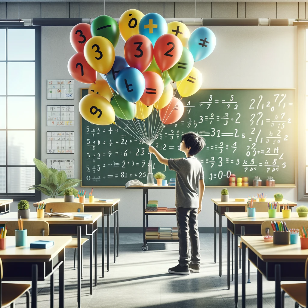 A realistic image of a young student, a 10-year-old Asian boy, in a bright, modern math classroom. He is conducting an experiment using colorful latex balloons.
