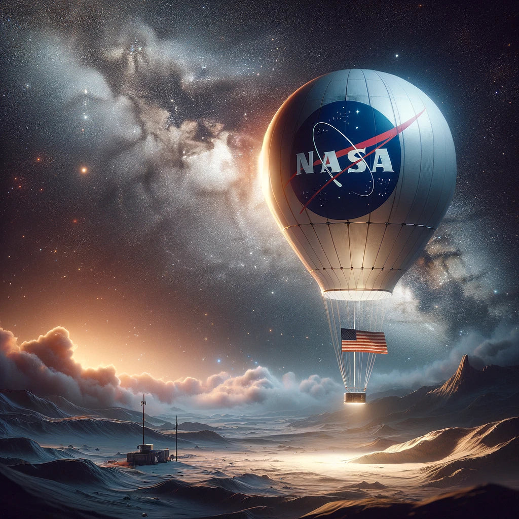 A balloon-shaped rocket with a NASA flag in space, symbolizing innovation in astronomy.