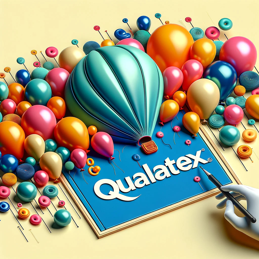 This image depicts a variety of Qualatex balloons in different shapes and colors