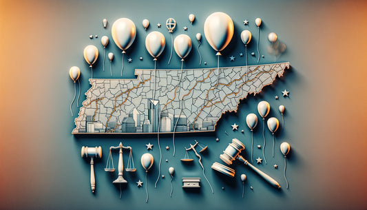 Illustrative map of Tennessee highlighting balloon legislation, featuring eco-friendly balloons and legal symbols, emphasizing responsible balloon use and environmental awareness.