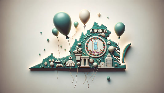 Map of Virginia with eco-friendly balloons and legal symbols, representing Virginia's balloon laws.